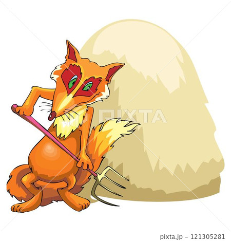 fox Farmer standing with a pitchfork on the background of hay bales. Farmer holding a pitchfork 121305281