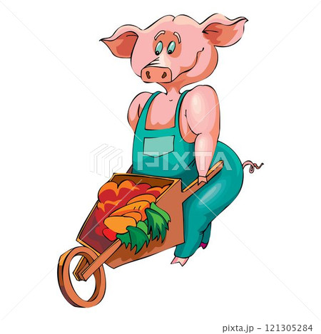 Pig farmer pulls a cart with a bunch of fresh vegetables on the background of the field. Use for illustrations for harvesting, wholesome farm food, good harvest Pig farmer pulls a cart with a bunch of fresh vegetables on the background of the field. Use for illustrations for harvesting, wholesome farm food, good harvest 121305284