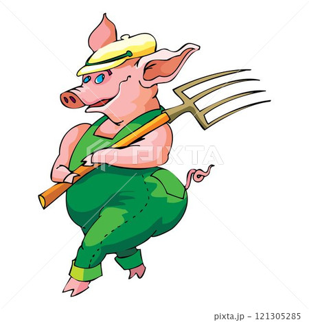 Pig farmer standing with a pitchfork on the background of hay bales. Farmer holding a pitchfork Vector 121305285