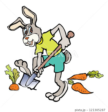 Rabbit farmer holding a shovel to plant carrots vector design 121305287