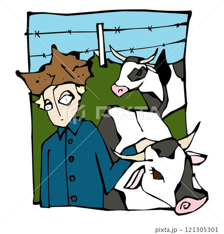 Farmer standing next to a cow on the farm vector design 121305301