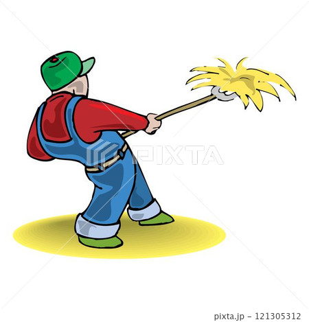 Farmer work with hay. Agriculture worker with hay pitchfork, rural harvesting flat illustration 121305312