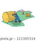 Farmer work with hay. Agriculture worker with hay pitchfork, rural harvesting flat illustration 121305314