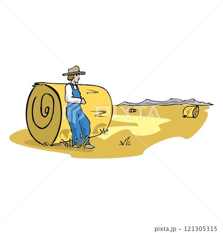 Farmer work with hay. Agriculture worker with hay pitchfork, rural harvesting flat illustration 121305315