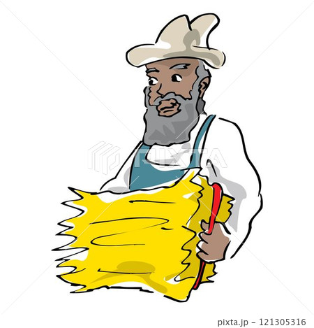 Farmer work with hay. Agriculture worker with hay pitchfork, rural harvesting flat illustration 121305316