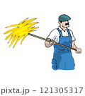 Farmer work with hay. Agriculture worker with hay pitchfork, rural harvesting flat illustration 121305317