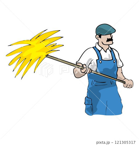 Farmer work with hay. Agriculture worker with hay pitchfork, rural harvesting flat illustration 121305317