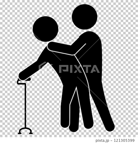 支持步行老人的護理人員的輪廓圖 121305399