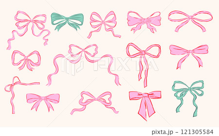 Collection of hand drawn bows, ribbons illustrations 121305584