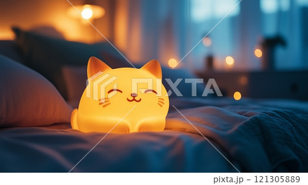 Nightlight In The Shape Of Cute Cat, Standing On The Bedside Table 121305889