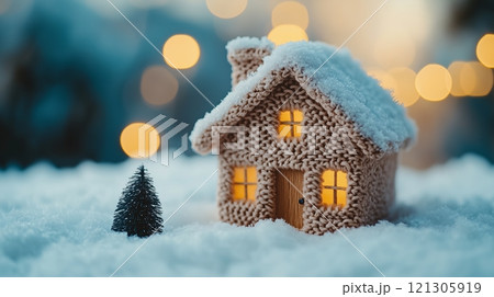 Small knitted house covered in snow with bokeh lights in background 121305919