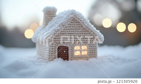 Small knitted house covered in snow with bokeh lights in background 121305920