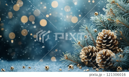 Elegant Christmas background with gold decorations pine cones 121306016