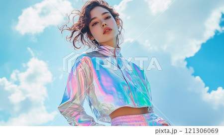 Woman in holographic jacket and pants posing with hands in pockets 121306069