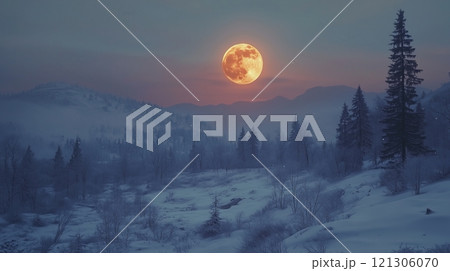 Wonderful rising of the full moon in the winter valley 121306070