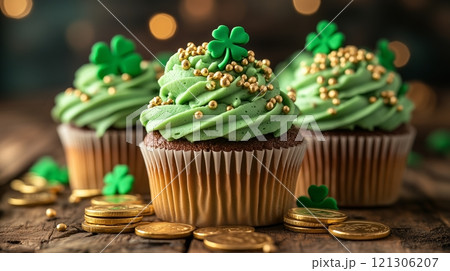 Green cupcakes, gold coins and shamrocks are arranged on a wooden table Green cupcakes, gold coins and shamrocks are arranged on a wooden table 121306207