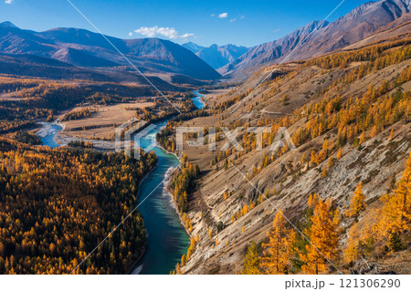 Scenic autumn valley with river and mountains in the Altai region Scenic autumn valley with river and mountains in the Altai region 121306290