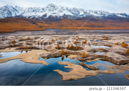 Scenic autumn landscape with lakes and mountains under a clear sky 121306397