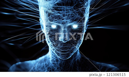 Digital figure made of blue glowing interconnected lines against black background 121306515