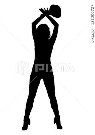An outline depicting a woman gracefully holding a ball in her hands 121306727