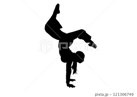 A silhouette of a person handstanding on a white background A silhouette of a person handstanding on a white background 121306749