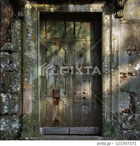 A rustic wooden door features intricate carvings, partly covered in moss, set against a weathered stone wall in a serene natural environment A rustic wooden door features intricate carvings, partly covered in moss, set against a weathered stone wall in a serene natural environment 121307371