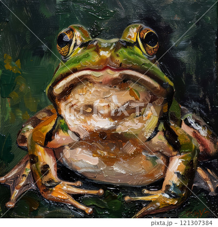 This vivid green frog sits prominently with its bold features highlighted, showcasing the beauty of nature in bright daylight 121307384
