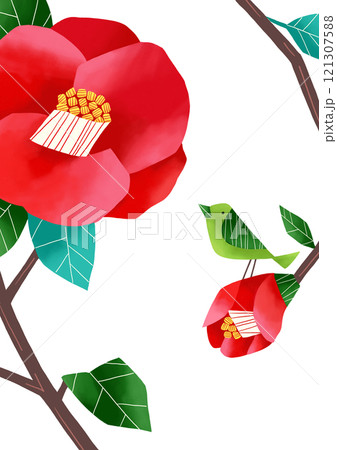 赤い椿とウグイスのイラストレーション 赤い椿とウグイスのイラストレーション 121307588
