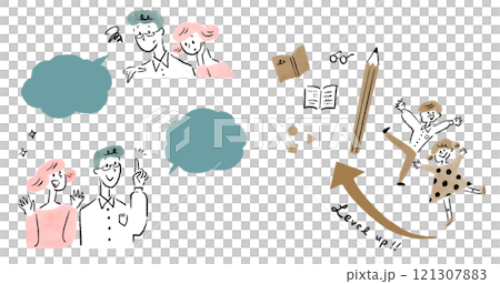 A set of illustrations of a child's study growth and parents' anxious and happy expressions 121307883