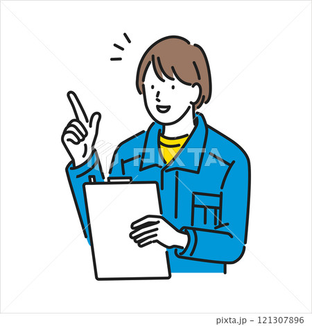 イラスト素材：業者に説明する若い女性作業員 121307896