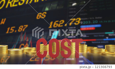 The Red cost text and gold coins for business concept 3d rendering. The Red cost text and gold coins for business concept 3d rendering. 121308793