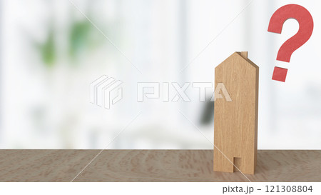 The wood  house and question mark for property concept 3d rendering. 121308804