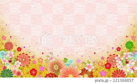 和柄 花と市松模様 16:9 和柄 花と市松模様 16:9 121308857