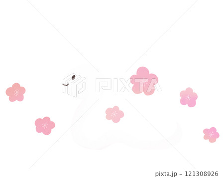 年賀状素材：かわいい白いへびと梅の花のイラスト 121308926