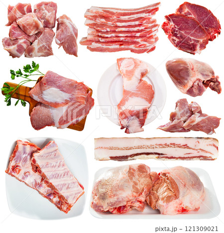 Assorted types of raw pork meat isolated Assorted types of raw pork meat isolated 121309021