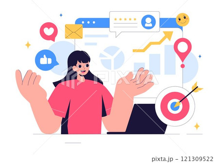 Positive Public Relations Vector Illustration featuring Successful Brand Advertising, Reputation Management, and Feedback in Digital Marketing Positive Public Relations Vector Illustration featuring Successful Brand Advertising, Reputation Management, and Feedback in Digital Marketing 121309522