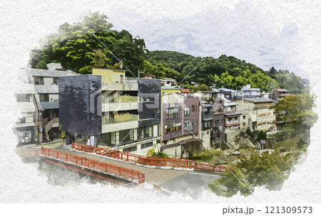 水彩画風 伊豆修善寺 仰空楼からの温泉街展望 静岡県伊豆市 水彩画風 伊豆修善寺 仰空楼からの温泉街展望 静岡県伊豆市 121309573
