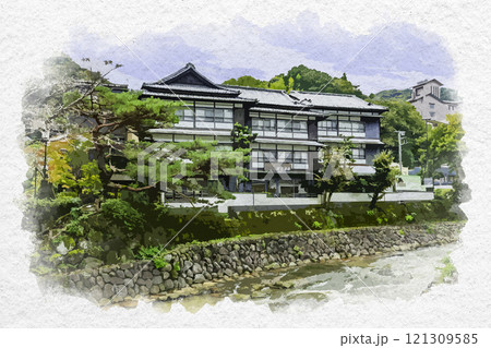 水彩画風　伊豆修善寺　桂川沿いの温泉旅館　静岡県伊豆市 121309585