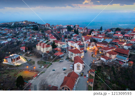 Aerial view of Sighnaghi overlooking Alazani Valley at twilight 121309593