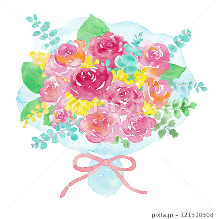 水彩で描いたバラとミモザの花束イラスト 水色の包みのイラスト素材