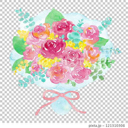 水彩で描いたバラとミモザの花束イラスト 水色の包み 水彩で描いたバラとミモザの花束イラスト 水色の包み 121310308