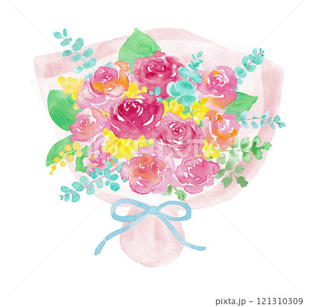 水彩で描いたバラとミモザの花束イラスト　ピンクの包み 121310309