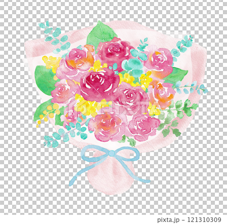 水彩で描いたバラとミモザの花束イラスト　ピンクの包み 121310309