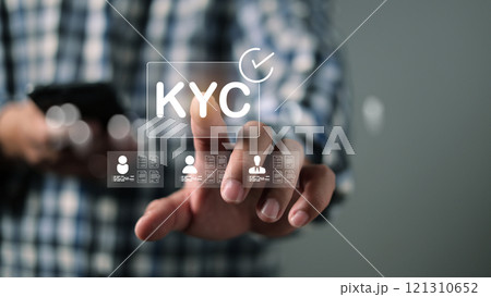 Human engaging in KYC verification, Personal information for identification, Know your customer concept, Business verifying the identity of clients for KYC financial client authentication. Human engaging in KYC verification, Personal information for identification, Know your customer concept, Business verifying the identity of clients for KYC financial client authentication. 121310652