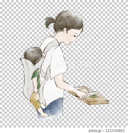 一名婦女背著嬰兒做飯 121310801
