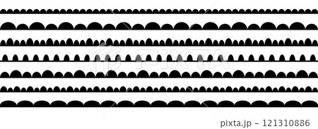 Wavy repeating pattern border set. Scallop shape frame element collection for decoration, banner, poster. Wave edge seamless stripes to divide or separate. Black repeated squiggle stroke pack. Vector Wavy repeating pattern border set. Scallop shape frame element collection for decoration, banner, poster. Wave edge seamless stripes to divide or separate. Black repeated squiggle stroke pack. Vector 121310886