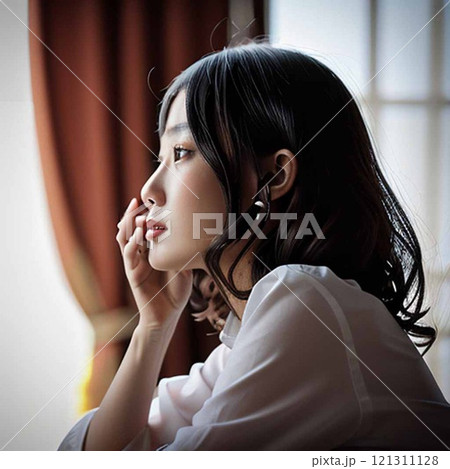 部屋で頬杖をつく女性 121311128