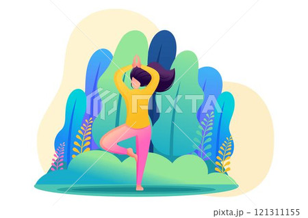 Girl does yoga in nature, in the Park, in the forest. Flat 2D Web design 121311155