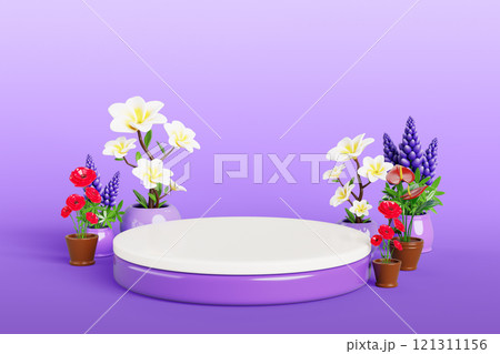 3d round podium with flower plants in pot for product presentation. Nature render beauty showcase with lupin, poppy and tropical plumeria tree on floor. Spring pedestal in purple room. 3D illustration 121311156