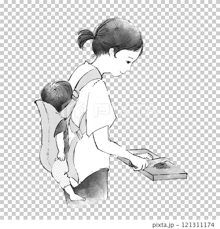 赤ちゃんをおんぶしながら料理している女性 121311174